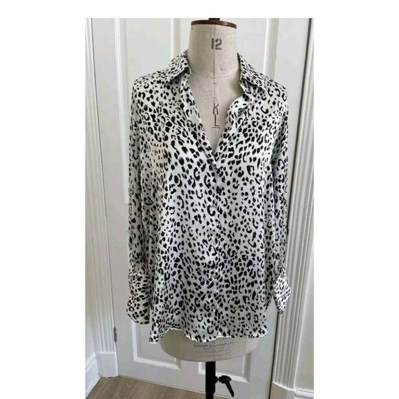 Zara Satin Effect Animal Print Shirt/Blouse Black White cheetah Medium 7969 040 - Picture 5 of 8